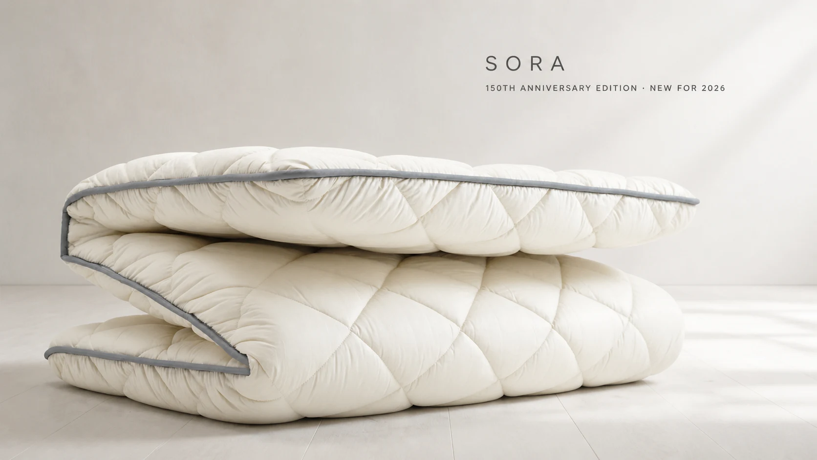 SORA folded in three, showing its generous loft and grey piping